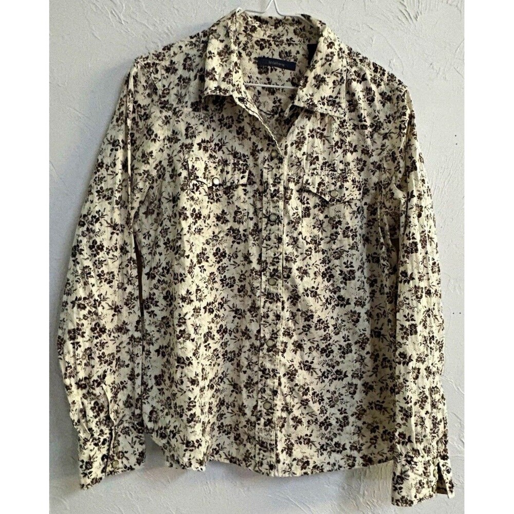 Liz Claiborne Women’s Western Blouse L Beige/Brown Floral Collared Snap Front LS